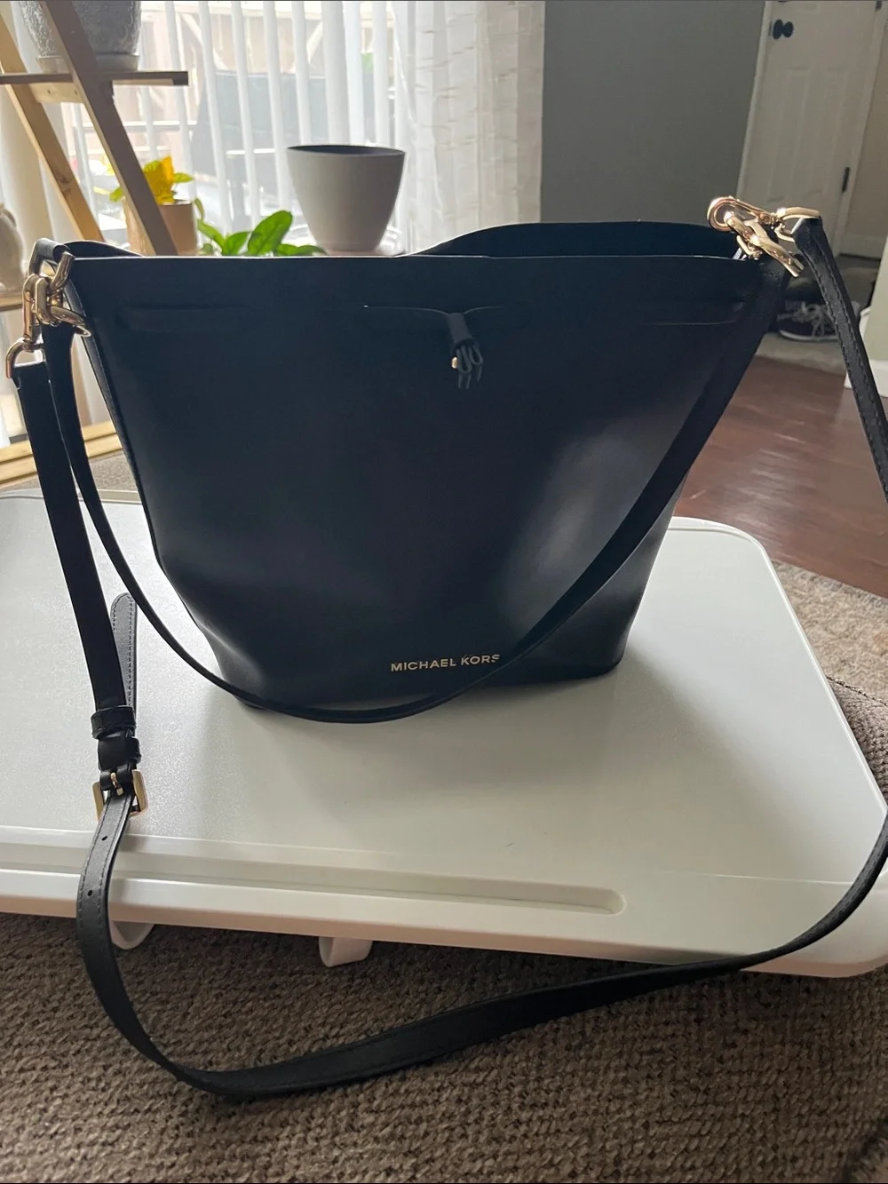 Michael Kors Black Leather Bucket Shoulder Bag with Gold Hardware